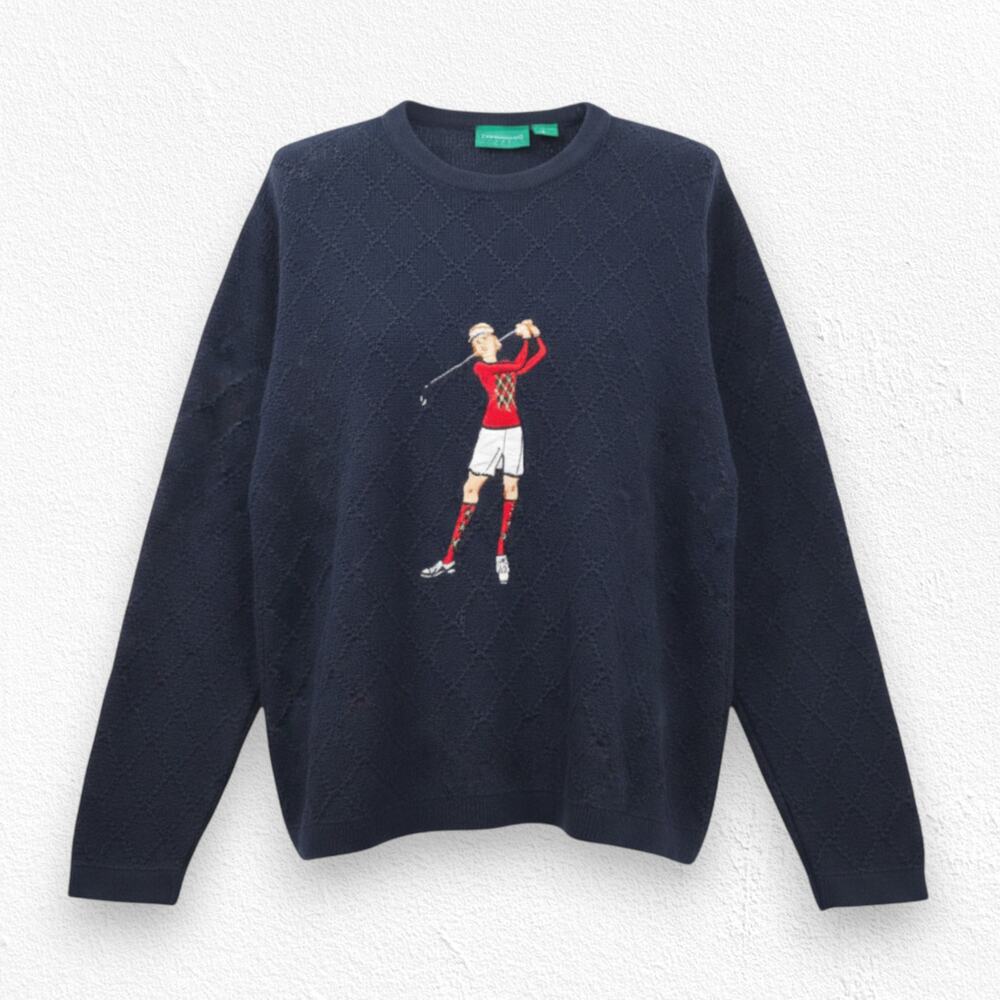 Vintage LizGolf Navy Blue Embroidered Golfer Cotton Argyle Sweater Size Medium